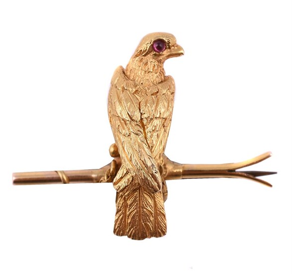 A late 19th century ruby hawk brooch