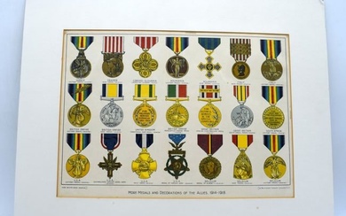 A lithograph of examples of medals and decorations issued to the Allied Soldiers during WW1