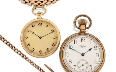 A lot of two various pocket watches Comprising a 9ct gold watch chain, a gold plated Waltham open face pocket watch and a 14ct gold open face pocket watch, Various sizes and dates