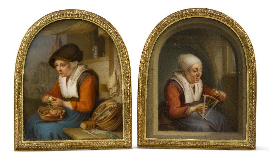 A pair of Berlin porcelain plaques, late 19th century, after paintings by Gerrit Dou, depicting a lady spinning and a lady peeling apples, in arched gilt-bronze frames, 16cm high, 13cm wide overall (2)