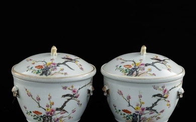 A pair of Chinese famille rose 'flowers and birds' food warmers, Republic period