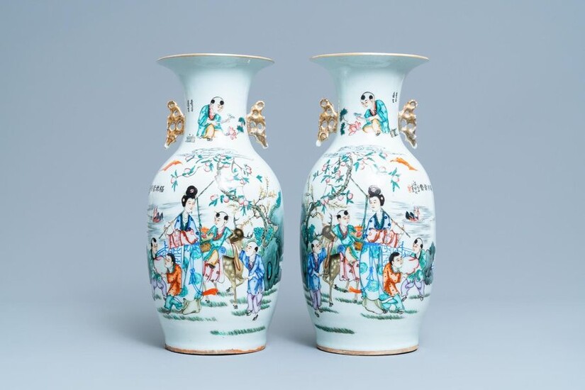 A pair of Chinese famille rose two sided design vases, 19/20th C.