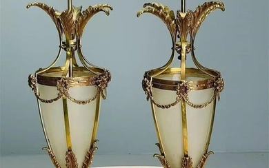 Pair of Portugues Brass and Milk Glass Table Lamps