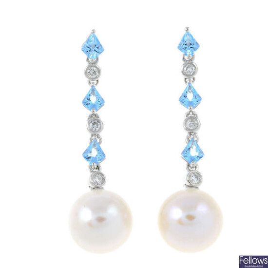 A pair of cultured pearl, diamond and blue topaz earrings.