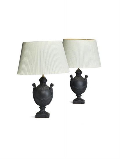 A pair of modern dry-bodied stoneware black basalt table lamps