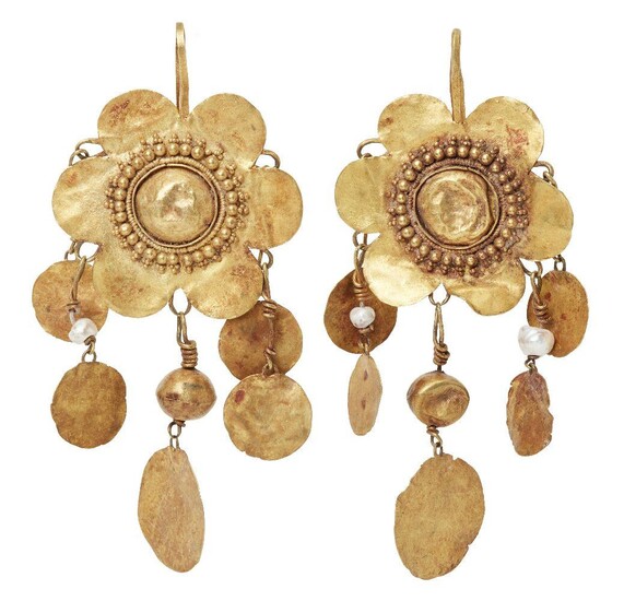 A pair of seed pearl and gold flower pendant earrings in the ancient style, 6.9cm. long, 12 grams (2) Provenance: Private Collection Oliver Hoare (1945-2018); Piasa Auction House 17 December 2002