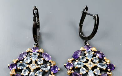 A pair of topaz and amethyst earrings in black rhodium-plated sterling silver with gold plating (2)