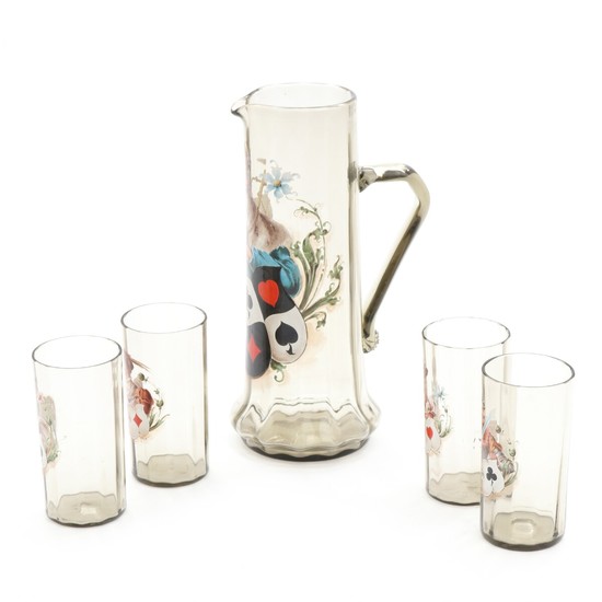 A set of four German smoke coloured drinking glasses and jug. C. 1900. H. 27 and 12.4 cm. (5)
