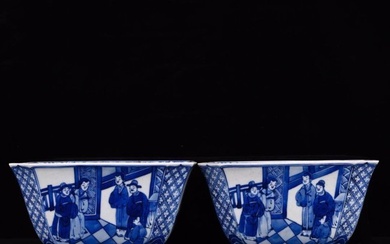 A square bowl with blue and white figures from the Kangxi period of the Qing Dynasty