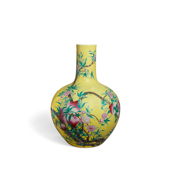 A yellow ground enameled nine-peach vase, tianshouping