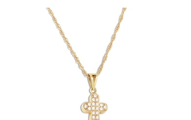 AN 18CT GOLD CROSS AND CHAIN, set with white stone, 6.27 g.