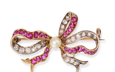 AN ANTIQUE RUBY, DIAMOND AND PEARL BOW BROOCH in yellow gold and silver, designed as a bow set with