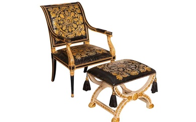AN EMPIRE STYLE ARMCHAIR AND MATCHING FOOTSTOOL