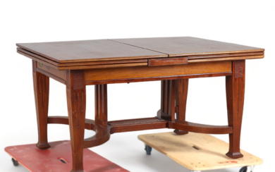 AN OAK DINING TABLE, extendable, plaque marked, 18/20th century.