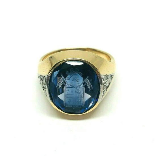 ANTIQUE Carved Synthetic Sapphire Diamond Signet Ring