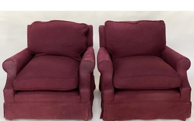 ARMCHAIRS, a pair, Howard style burgundy twill cotton uphols...