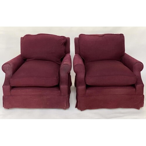 ARMCHAIRS, a pair, Howard style burgundy twill cotton uphols...