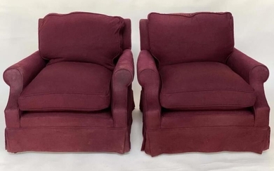 ARMCHAIRS, a pair, Howard style burgundy twill cotton upholstered...