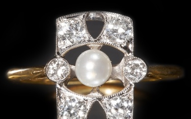 ART-DECO PEARL AND DIAMOND RING, High carat gold. Diamonds b...