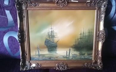 ATMOSPHERIC MARINE OIL - NAPOLEONIC PERIOD SHIPS ANCHORED SUNSET HARBOUR