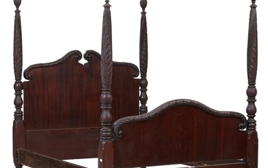American Late Classical Carved Mahogany Four Poster Double Bed, late 19th c., H.- 81 in. Int. W.- 56
