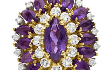 Amethyst, Diamond, Gold Ring Stones: Marquise-shaped amethysts; full-cut diamonds...