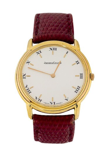 An 18ct gold quartz wristwatch by Jaeger leCoultre, the cream coloured circular dial with Roman numerals and applied baton hour markers, to stepped bezel, dial signed Jaeger-leCoultre, case with repeat signature, also stamped Odysseus No. 0763 and...