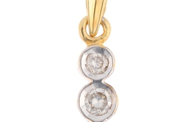 An 18ct gold three stone diamond drop pendant, set with mode...