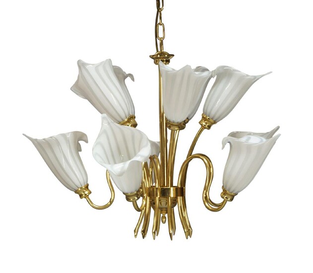 An Italian Murano glass and brass ten light chandelier, c.1970/80, With two tiers of curved brass arms terminating in white and translucent glass Calla lily shaped shades, 49cm high, approximately 74cm wide