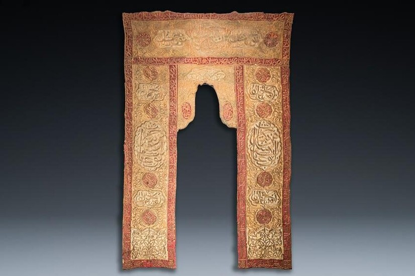 An Ottoman metal-thread-embroidered velvet mosque portiÃ¨re, 19th C.