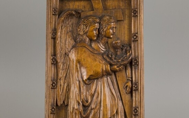 An carved oak bas-relief depicting St. john the Baptist with arma sacra, ca. 1900.