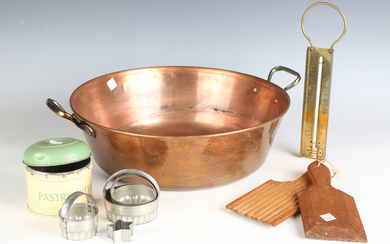 An early 20th century French copper preserve pan, a brass thermometer, two wooden troughs and a smal