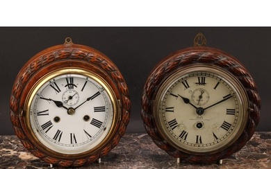 An early 20th century oak wall timepiece, 14.5cm clock dial ...
