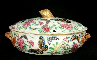 Antique Chinese Butterfly Decorated Covered Dish