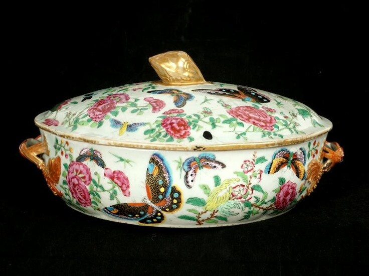 Antique Chinese Butterfly Decorated Covered Dish