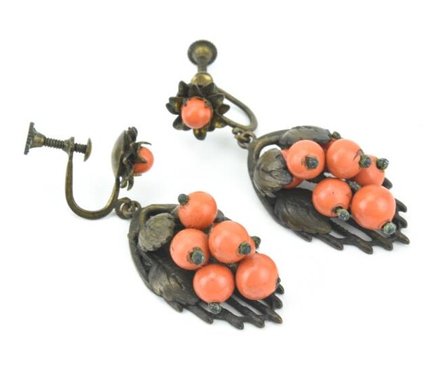 Antique Czech Style Faux Coral Art Glass Earrings