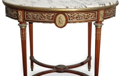 Antique French Bronze Ormolu & Marble Oval Table