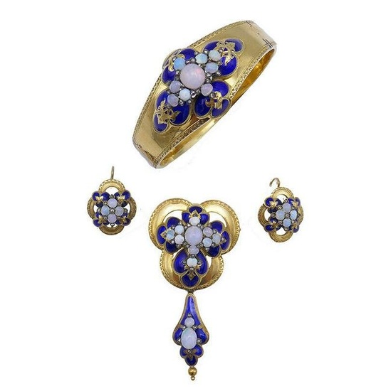 Antique French Victorian Bangle Bracelet Earrings Brooch 18k Gold Diamond Enamel