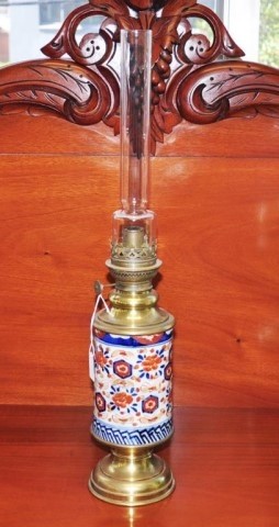 Antique French oil lamp with oriental hand painted font, 56c...