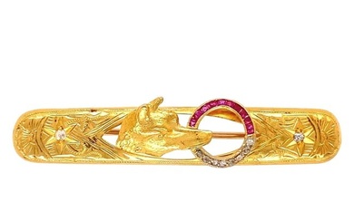 Antique Ruby and Diamond Fox Gold Bar Brooch Pin Estate Fine Jewelry