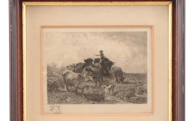 Anton Braith Etching "Return of the Herd," 1869