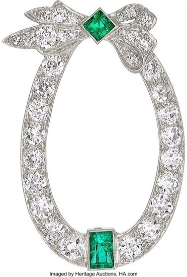 Art Deco Diamond, Emerald, Platinum Brooch Ston