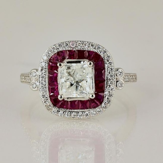 Art Deco style diamond, ruby, and platinum ring