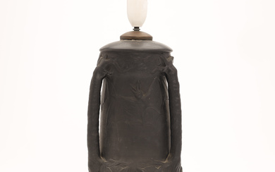 Art Nouveau table lamp in black terracotta with bats and owls, L. Hjorth, Bornholm, Denmark.