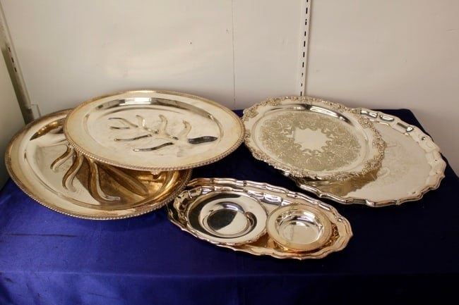 Assortment of Silver Plated Serving Dishes and Plates