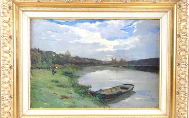 Attribué à Lorenzo DELLEANI (1840-1908) : Paysage fluvial à la barque. H.s.T., 39 x 56