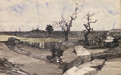 B.J BLUNDEN, XXe siècle : Paysage aux arbres morts Dessin et aquarelle signés au dos,...