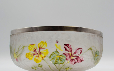 BOWL, ICE GLASS WITH FLORAL MOTIF, ETCHED, ENAMELLED WITH POLYCHROME, NICKEL SILVER FORMERLY GILDED, COMPANY LEGRAS & CIE., ST. DENIS, AROUND 1900.