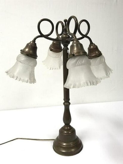 BRONZE TABLE LAMP WITH FROSTED RUFFLED SHADES