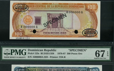 Banco Central de la Republica Dominicana, Dominican Republic, [3 notes] specimen 100, 500, 1000...
